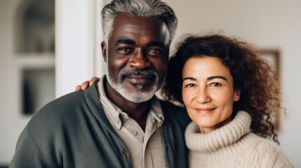 In their serene home, a 50-year-old couple expresses love through an embrace.