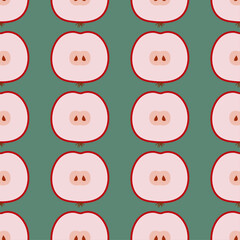 Seamless vector fruit pattern red apples on a green background