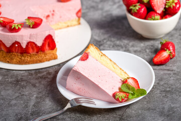Strawberry cake. Menu concept. Homemade strawberry cake decorated with strawberries and mint leaves