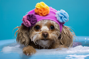 A funny dog with shampoo foam on his head sits in the bathroom.