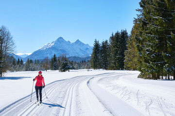 Germany, Bavaria, Wallgau, Isar Valley, Canada trail, cross country skier in winter landscape