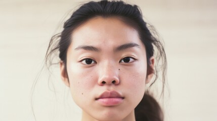 Naklejka premium The camera captures the unique features and imperfections of an Asian woman's face.