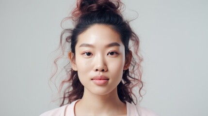 Imperfections are celebrated in the closeup portrait of an Asian woman looking at the camera.