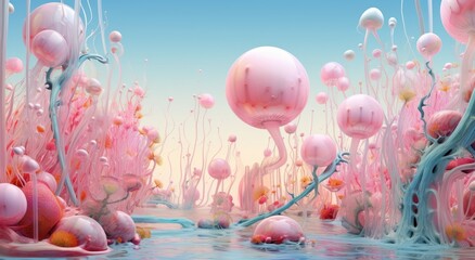 Fantastical mushroom-like structures in hues of pink and teal creating a mystical forest scene