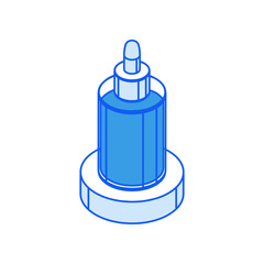 Isometric icon in outline. Modern flat vector Illustration. Low poly round bottle with dropper on round shape box symbol.