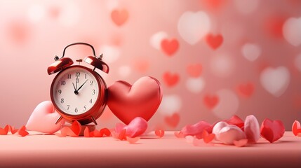 Romantic Valentine's Day Clock Heart Love Date Celebration on Pink Background with Copy Space