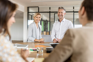 Smiling businesswoman and businessman leading a meeting in office - obrazy, fototapety, plakaty