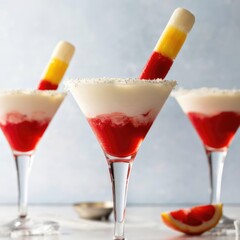 A colorful coktail, featuring layers of red, white