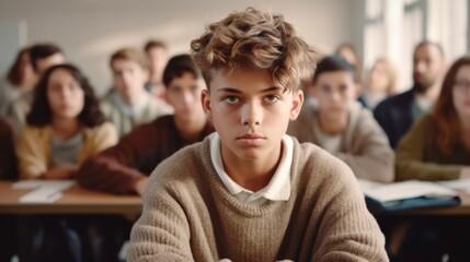 A lonely teenager sits alone in a classroom, sadness evident in his eyes as he gazes at the camera.