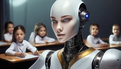 Futurystyczny humanoidalny robot uczący dzieci w szkole. Szkoła przyszłości, sztuczna inteligencja - obrazy, fototapety, plakaty