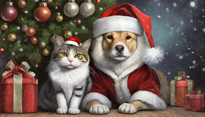 Kot i pies w stroju Świętego Mikołaj obok choinki. Kartka, tło na Boże Narodzenie - obrazy, fototapety, plakaty
