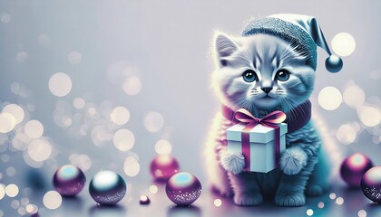 A little cute kitten in a Santa Claus hat holds a gift in its paws.  Christmas background, Christmas card

