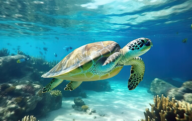 Naklejka premium Sea Turtle Underwater - A Captivating Glimpse into Waterlife Wonders