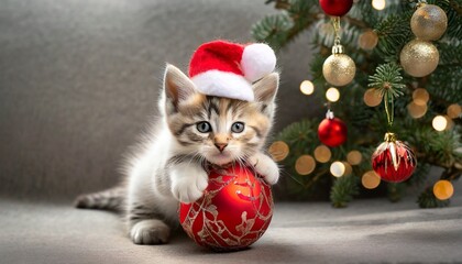 Mały, słodki kotek w czapce Świętego Mikołaja trzyma w łapkach czerwoną bombkę. Bożonarodzeniowe tło, kartka świąteczna