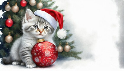 Mały, słodki kotek w czapce Świętego Mikołaja trzyma w łapkach czerwoną bombkę. Bożonarodzeniowe tło, kartka świąteczna - obrazy, fototapety, plakaty