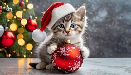 Mały, słodki kotek w czapce Świętego Mikołaja trzyma w łapkach czerwoną bombkę. Bożonarodzeniowe tło, kartka świąteczna - obrazy, fototapety, plakaty