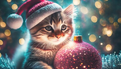 Kot w czerwonej czapce z białym pomponem trzyma w łapkach ogromną bombkę. Kartka, tło na Boże Narodzenie - obrazy, fototapety, plakaty