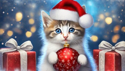Mały, słodki kotek w czapce Świętego Mikołaja trzyma w łapkach czerwoną bombkę, obok leżą prezenty. Bożonarodzeniowe tło, kartka świąteczna - obrazy, fototapety, plakaty