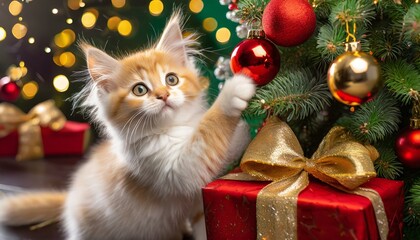Mały, uroczy kotek próbuje zrzucić bombkę zawieszoną na choince. Kartka, tło na Boże Narodzenie
