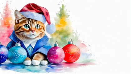Kot w garniturze i czapce Świętego mikołaja otoczony przez bombki. Kolorowe tło bożonarodzeniowe z miejscem na tekst - obrazy, fototapety, plakaty