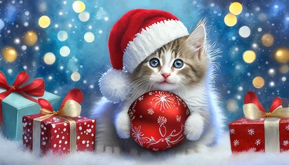 Mały, słodki kotek w czapce Świętego Mikołaja trzyma w łapkach czerwoną bombkę, obok leżą prezenty. Bożonarodzeniowe tło, kartka świąteczna