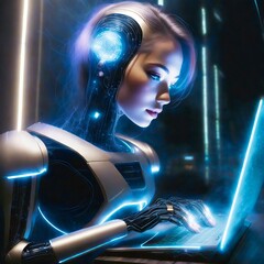 Kobieta-robot pisząca na komputerze. Motyw udoskonalania rasy ludzkiej, sztucznej inteligencji i rozwoju technologii - obrazy, fototapety, plakaty