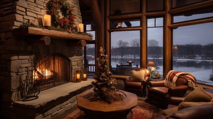 Log house decorated for Christmas. Cozy interior of log house