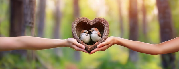 Hands hold a cozy heart-shaped nest with two sparrow birds inside their home. Holiday background for Valentines Day. Blurred sunny forest with copy space. Panorama.