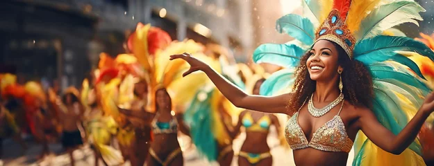 Foto auf Acrylglas Rio de Janeiro Women on dance carnival parade in Sambodromo. Competition of numerous samba schools from Rio de Janeiro, Brazil. Panorama with copy space.