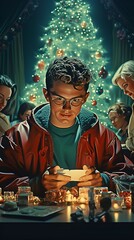 Classic Christmas Xmas Holiday Photo of Family, Christmas Tree, Christmas Lights, and more 