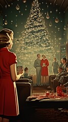 Classic Christmas Xmas Holiday Photo of Family, Christmas Tree, Christmas Lights, and more 