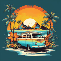 a van with surfboard and palm trees