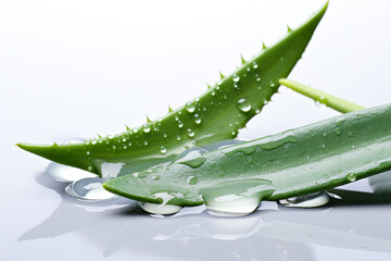 Aloe leaf with splashes of water on a light background.