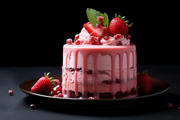 a cake with strawberries on top and a black background