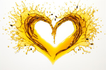 Splashes and drops of flaxseed oil and flax seeds form a heart shape on a light background. - obrazy, fototapety, plakaty