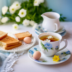 Fototapeta na wymiar Morning Composition: Breakfast Spread on the Table with Eggs, Toasts, and a Cup of Green Tea, Radiating Serenity in Soft, Gentle Tones – Capturing the Tranquil Start of the Day
