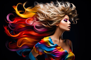 Glamorous portrait of a woman with a crazy rainbow-colored hairstyle and bright makeup on a bright blue background.
