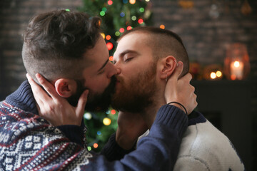 Kissing gay couple at Christmas time at home