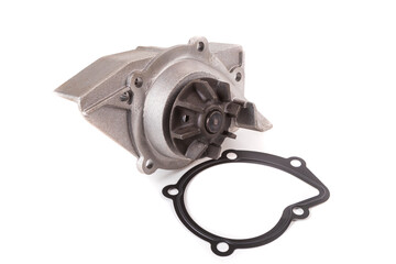 Car water pump, made of metal on a white background. The water pump circulates the cooling water. Auto parts of the cooling system.