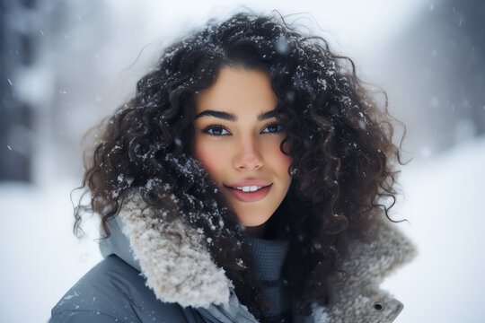 a woman with curly hair wearing a coat and snow