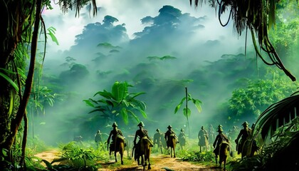 illustration of a military unit in the jungle suitable as a background - obrazy, fototapety, plakaty