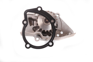 Car water pump, made of metal on a white background. The water pump circulates the cooling water....