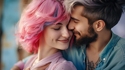 Young woman with pink colorful hair. Multiethnic couple in love hugging on Valentine's Day.
