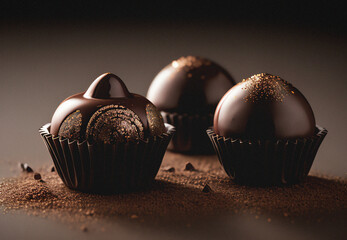Chocolate truffles with cocoa powder on a dark background. - obrazy, fototapety, plakaty