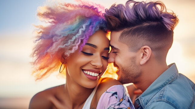 Couple with colorful hair. Multiethnic couple in love kissing on Valentine's Day.