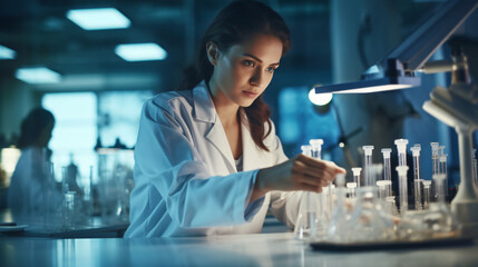 woman in STEM, young professional woman scientist, doctor, researcher, working in a science lab doing tests and studies, headshot photograph of woman