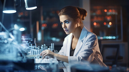woman in STEM, young professional woman scientist, doctor, researcher, working in a science lab doing tests and studies, headshot photograph of woman