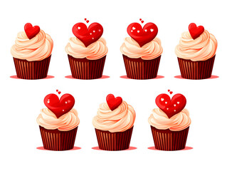 Illustration of a cupcakes with frosting and hearts decorations on white background 