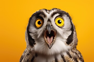 Surprised Owl on Yellow Background