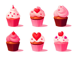 Illustration of a cupcakes with frosting and hearts decorations on white background 